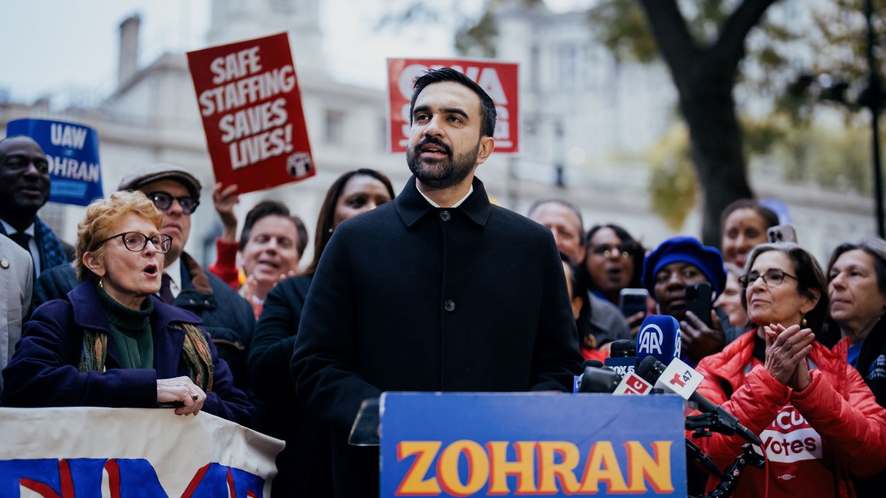 Zohran Mamdani, the Democratic New York mayoral candidate, speaks during a campaign event outside City Hall in New York, on Monday, November 3, 2025.
