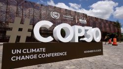 The COP30 logo is seen in front of the central building ahead of the COP30 Brazil Amazonia 2025 on November 3, 2025 in Belem, Brazil. The Conference of the Parties (COP) meets annually to discuss and negotiate on climate change. Brazil will host the climate summit on November 6 and 7 and the 30th COP meeting between November 10 and 21 in Belem.