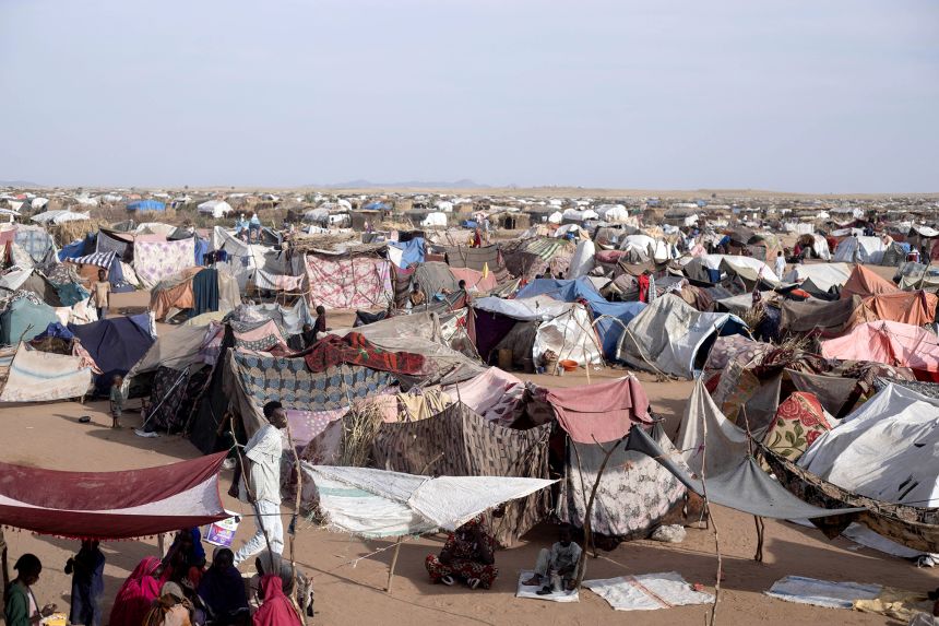 Makeshift shelters have been erected by displaced Sudanese who fled El Fasher after the city fell to the Rapid Support Forces (RSF), at the Um Yanqur camp on the southwestern edge of Tawila in Sudan's western Darfur region, pictured on Monday, November 3.