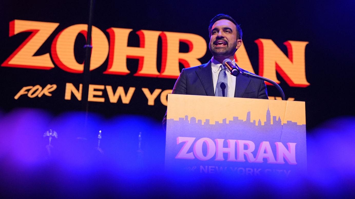 Zohran Mamdani speaks during an election night event at the Brooklyn Paramount Theater in Brooklyn, New York, on Tuesday.
