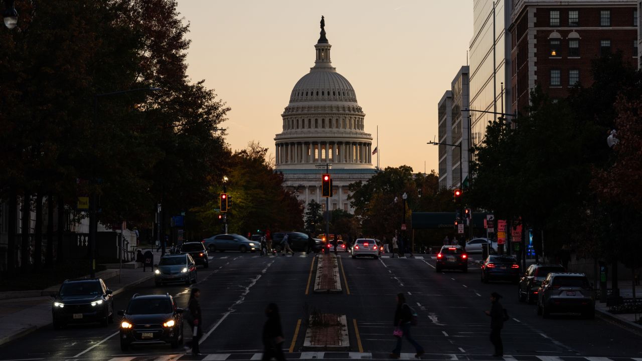 The US Capitol is shown from North Capitol Street, Washington DC, on November 6, 2025.