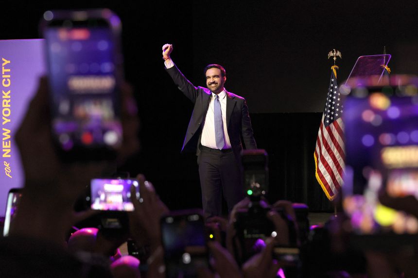 Mamdani celebrates as he takes the stage at his election night watch party at the Brooklyn Paramount on November 4.