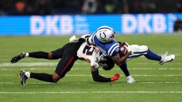BERLIN, GERMANY - NOVEMBER 09: Xavier Watts of Atlanta Falcons is tackled by Keith Taylor of Atlanta Falcons during the NFL 2025 game between Atlanta Falcons and Indianapolis Colts at Olympiastadion on November 09, 2025 in Berlin, Germany. (Photo by Boris Streubel/Getty Images)
