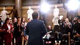 House Speaker Mike Johnson speaks with reporters after the vote to re-open the government, at the US Capitol on November 12, 2025.