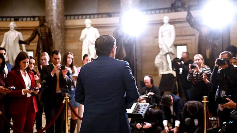 House Speaker Mike Johnson speaks with reporters after the vote to re-open the government, at the US Capitol on November 12, 2025.