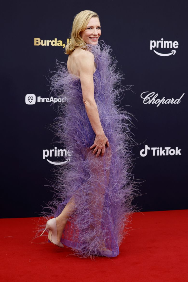 Actor Cate Blanchett embraced the feathers trend of the Spring 2026 season and attended the ceremony for the German media award Bambi wearing Stella McCartney.