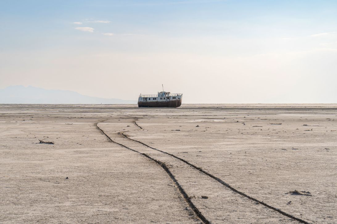 A ship rests on the dry bed of Lake Urmia Lake in October 2024.