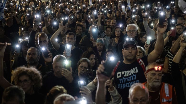 Thousands of Israelis gather Saturday in Tel Aviv, Israel, to demand an official investigation into the events of October 7, 2023.