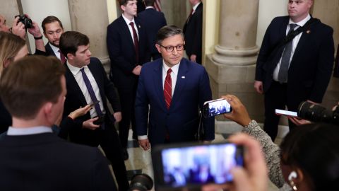Speaker of the House Mike Johnson (R-LA) (C) speaks to members of the media outside his office at the US Capitol on Wednesday, in Washington, DC.