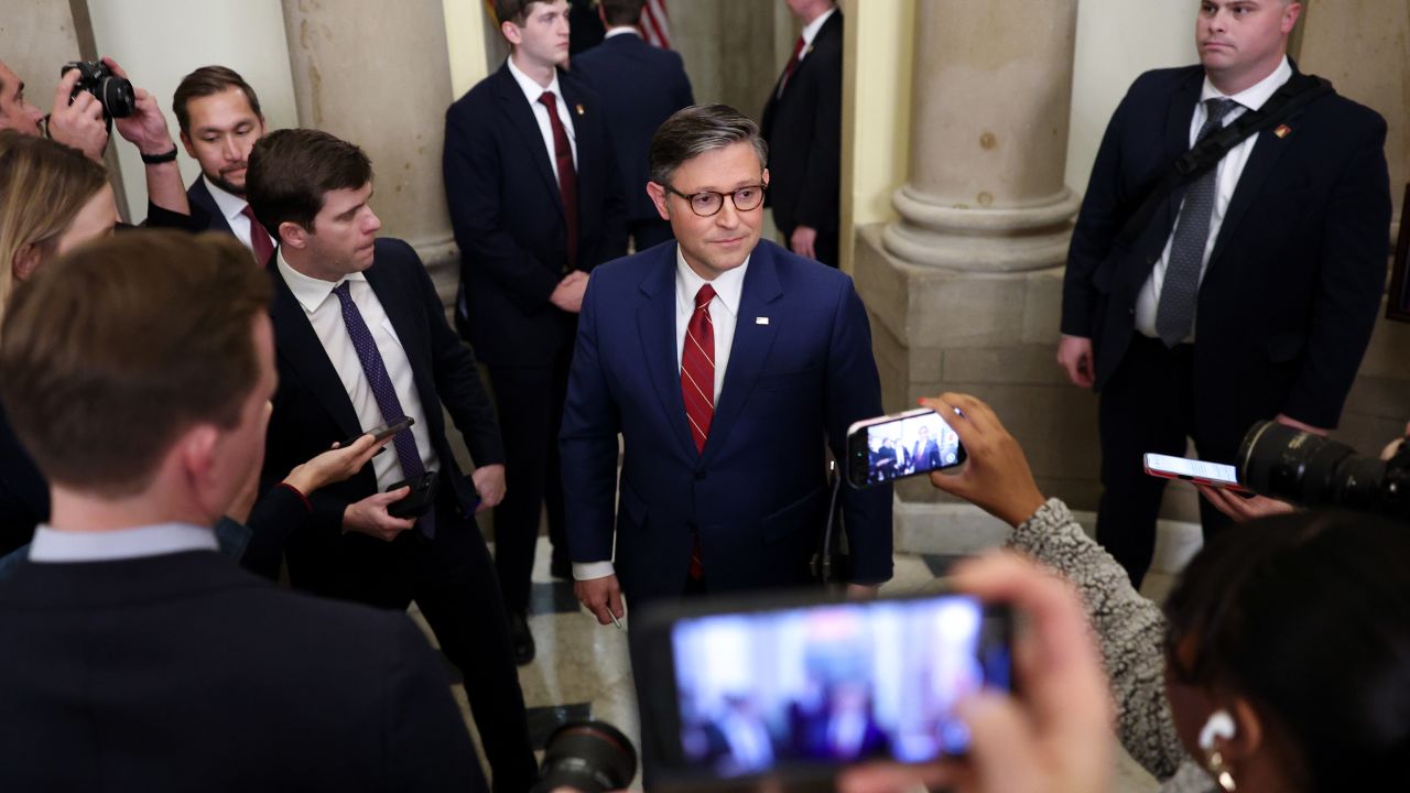 Speaker of the House Mike Johnson (R-LA) (C) speaks to members of the media outside his office at the US Capitol on Wednesday, in Washington, DC.