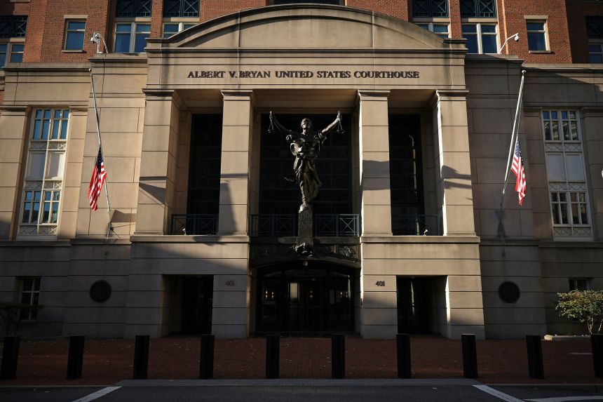 The front of the Albert V. Bryan United States Courthouse in Alexandria, Virginia, on November 13, 2025.
