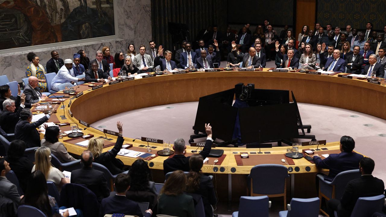 Ambassadors and representatives to the United Nations vote during a UN Security Council meeting on a US resolution on the Gaza peace plan at the UN Headquarters in New York City, on Monday, November 17.