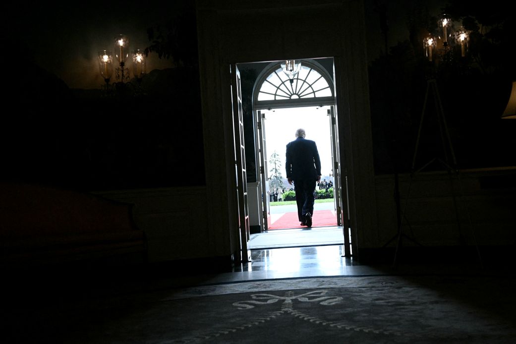 President Donald Trump walks toward the South Lawn of the White House for the arrival of Crown Prince Mohammed bin Salman on November 18, 2025.