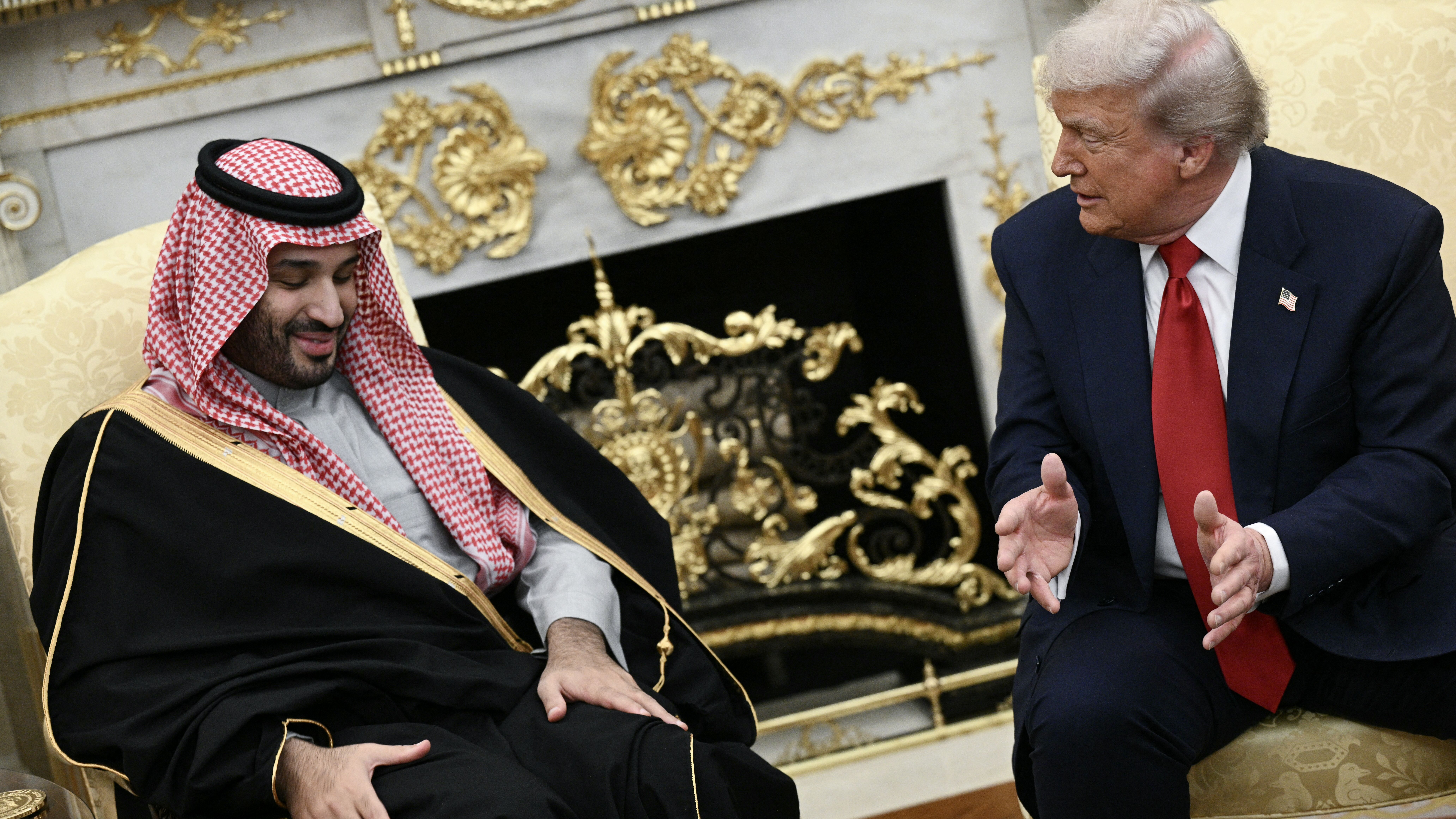 US President Donald Trump meets with Crown Prince and Prime Minister of the Kingdom of Saudi Arabia Mohammed bin Salman in the Oval Office of the White House in Washington, DC on November 18, 2025. Saudi Crown Prince Mohammed bin Salman arrived at the White House to fanfare and a jet flyover Tuesday, in his first visit to the United States since the 2018 murder of journalist Jamal Khashoggi. (Photo by Brendan SMIALOWSKI / AFP) (Photo by BRENDAN SMIALOWSKI/AFP via Getty Images)          