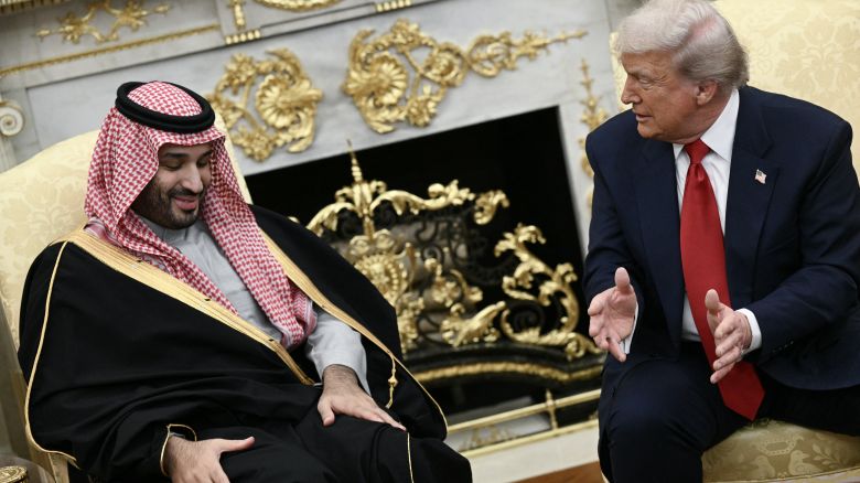 US President Donald Trump meets with Crown Prince and Prime Minister of the Kingdom of Saudi Arabia Mohammed bin Salman in the Oval Office of the White House in Washington, DC on November 18, 2025. Saudi Crown Prince Mohammed bin Salman arrived at the White House to fanfare and a jet flyover Tuesday, in his first visit to the United States since the 2018 murder of journalist Jamal Khashoggi. (Photo by Brendan SMIALOWSKI / AFP) (Photo by BRENDAN SMIALOWSKI/AFP via Getty Images)          