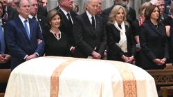 (L-R) Former US President George W. Bush his wife Laura Bush, Former US President Joe Biden, his wife Jill Biden and former US Vice President Kamala Harris look on as they attend the funeral service for late US Vice President Dick Cheney at the Washington National Cathedral in Washington, DC, on November 20, 2025. (Photo by SAUL LOEB / AFP) (Photo by SAUL LOEB/AFP via Getty Images)