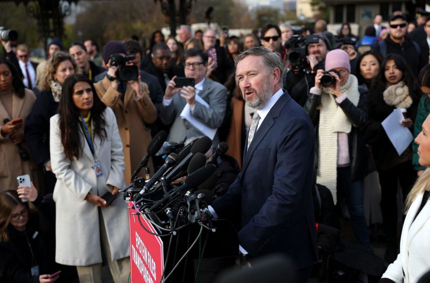 Rep. Thomas Massie speaks during a news conference with Epstein abuse survivors outside the US Capitol on November 18, 2025, in Washington, DC.