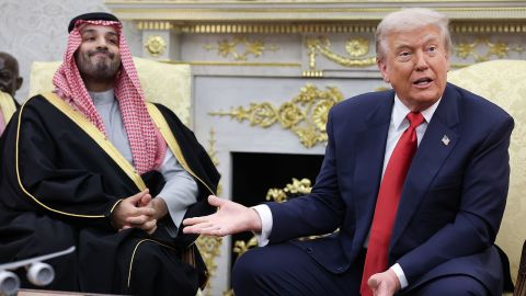 President Donald Trump, right, responding to a question during Tuesday’s Oval Office bilateral meeting, where Crown Prince Mohammed bin Salman, left, was asked about the slaying of Saudi journalist Jamal Khashoggi.