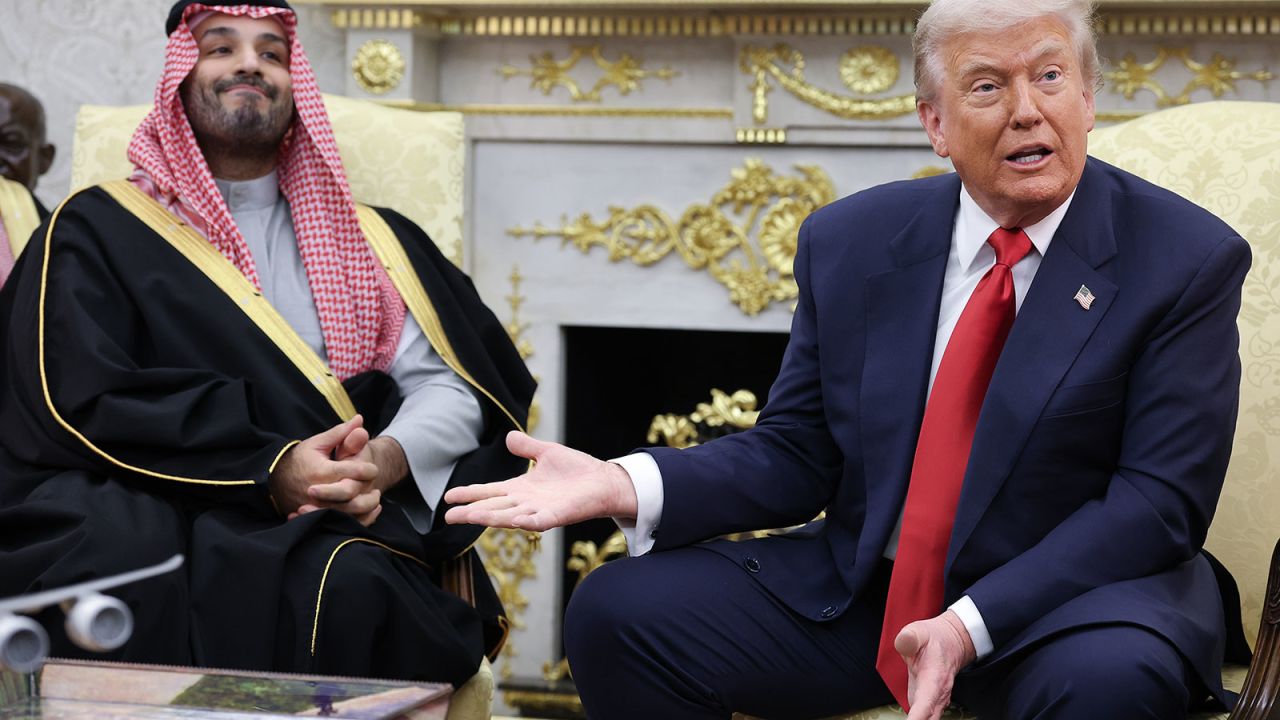 President Donald Trump, right, responding to a question during Tuesday’s Oval Office bilateral meeting, where Crown Prince Mohammed bin Salman, left, was asked about the slaying of Saudi journalist Jamal Khashoggi.