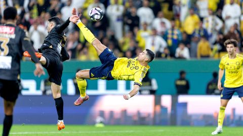 Cristiano Ronaldo of team Al-Nassr FC scores their fourth goal during the Saudi Pro League match between Al Nassr and Al Khaleej at Al Awwal Park on Sunday.
