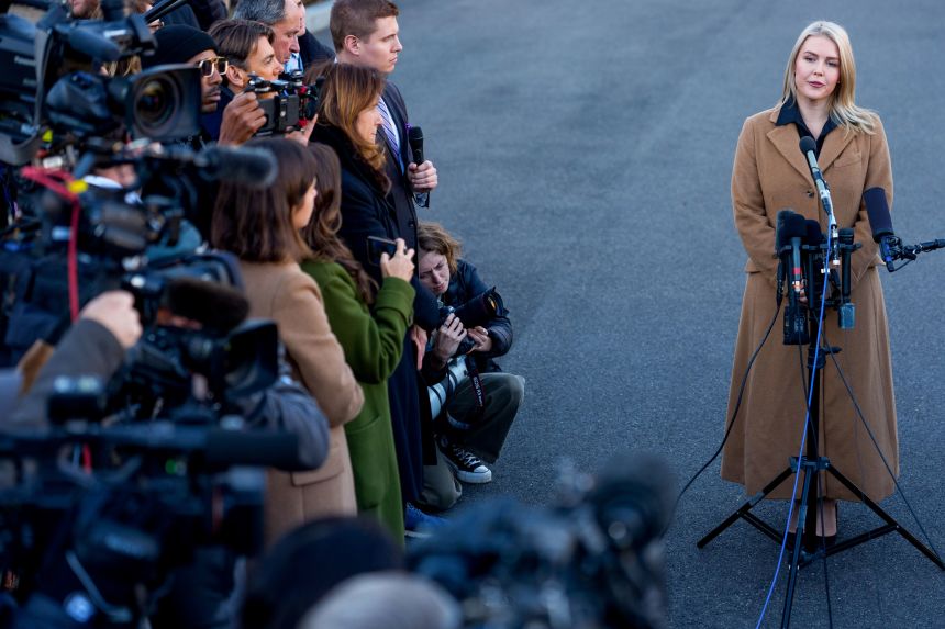Karoline Leavitt, White House press secretary, speaks to members of the media outside the White House in Washington, DC, on Monday.