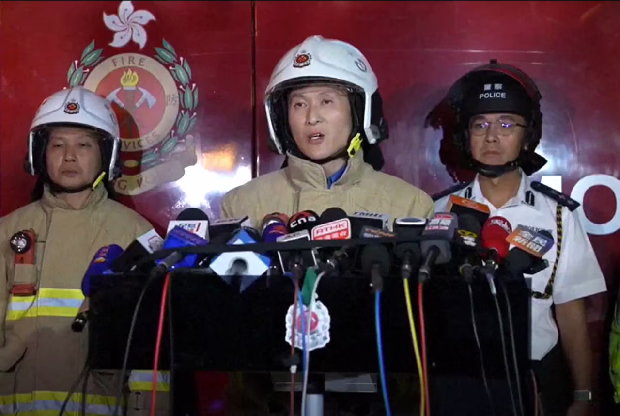 Derek Armstrong Chan, deputy director (operations) of the Hong Kong Fire Services Department, speaking to media amid ongoing operations to control a major fire at the Wang Fuk Court residential estate.