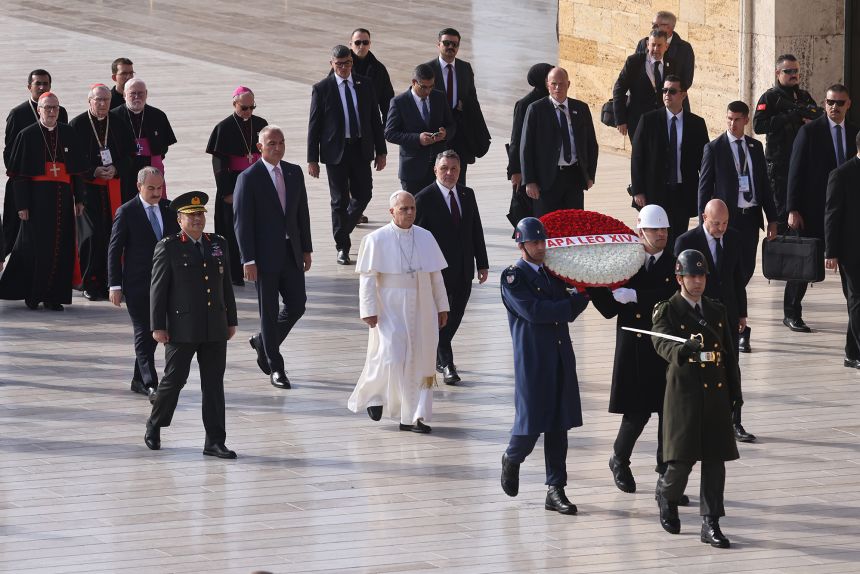 Pope Leo XIV lays a wreath during a visit to the Atatürk Mausoleum on Thursday.