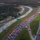 AUSTIN, TEXAS - NOVEMBER 24: An aerial view of vehicles travelling along the Loop 1 highway on November 24, 2025 in Austin, Texas. The AAA is expecting record-breaking travel during this year's Thanksgiving, making it the state's busiest Thanksgiving travel season in 15 years. An estimated total of 5.8 million people will be traveling by road and the skies over the upcoming week.  (Photo by Brandon Bell/Getty Images)
