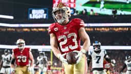 SANTA CLARA, CALIFORNIA - NOVEMBER 24: Christian McCaffrey #23 of the San Francisco 49ers runs into the end zone for a touchdown in the third quarter of the game against the Carolina Panthers at Levi's Stadium on November 24, 2025 in Santa Clara, California. (Photo by Thien-An Truong/Getty Images)