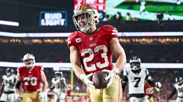 SANTA CLARA, CALIFORNIA - NOVEMBER 24: Christian McCaffrey #23 of the San Francisco 49ers runs into the end zone for a touchdown in the third quarter of the game against the Carolina Panthers at Levi's Stadium on November 24, 2025 in Santa Clara, California. (Photo by Thien-An Truong/Getty Images)