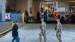 WASHINGTON, DC - NOVEMBER 26: Members of the National Guard patrol near the George Washington University Hospital after two shot National Guard soldiers were transported to the hospital, on November 26, 2025 in Washington, DC. Two West Virginia National Guard members were shot and killed blocks from the White House. (Photo by Andrew Leyden/Getty Images)