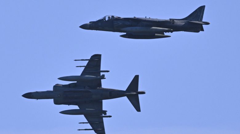 A US Marine Corps AV-8B Harrier II approaches to land at José Aponte de la Torre Airport, formerly Roosevelt Roads Naval Station, on December 1, 2025 in Ceiba, Puerto Rico. The Trump administration continues to carry out strikes in the Caribbean against boats suspected of transporting drugs. The President has claimed that vessels are operated by the gang Tren de Aragua, as tensions mount with Venezuela.