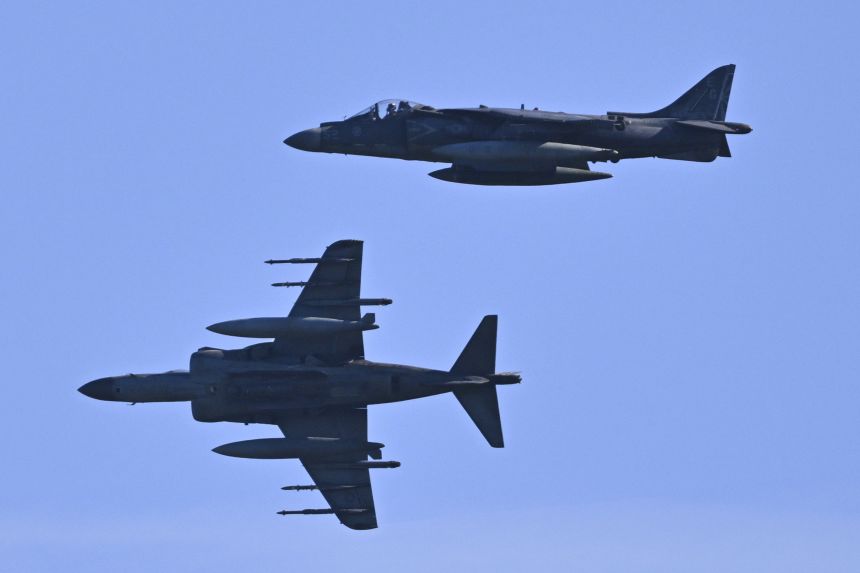 A US Marine Corps AV-8B Harrier II approaches to land at José Aponte de la Torre Airport, formerly Roosevelt Roads Naval Station, on December 1, 2025, in Ceiba, Puerto Rico.