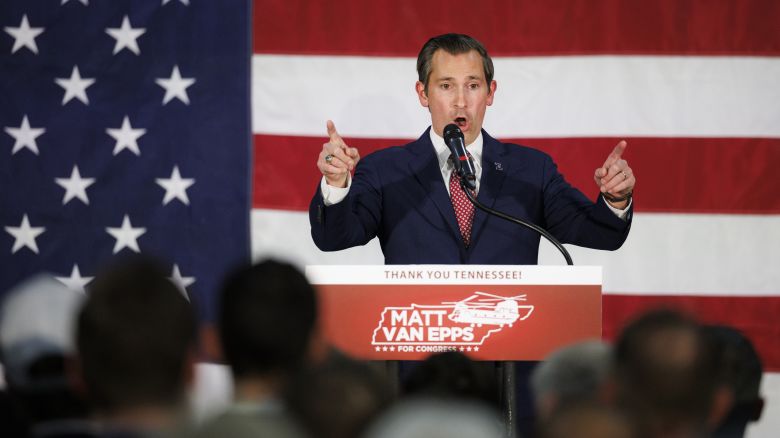 Rep. elect Republican Matt Van Epps delivers his victory speech at the Millennium Hotel Maxwell House Nashville in Nashville, Tennessee on December 2, 2025.