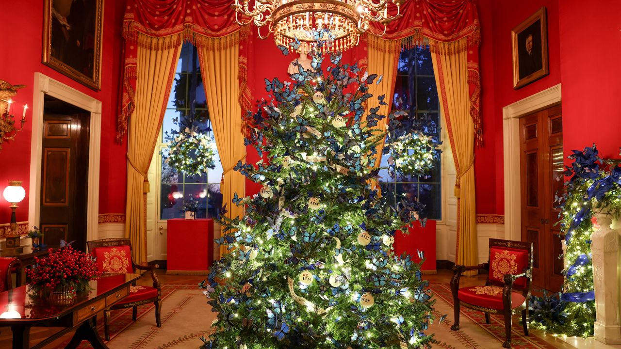 WASHINGTON, DC - DECEMBER 01: Blue butterflies are seen in the Red Room during an advance tour of the 2025 White House Christmas decorations on December 01, 2025 in Washington, DC. The theme for this year's White House Christmas decorations is "Home Is Where The Heart Is." (Photo by Anna Moneymaker/Getty Images)
