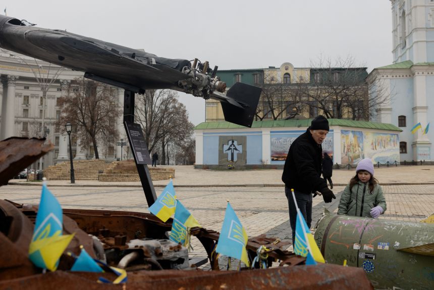 Military equipment on display as part of an exhibition in Kyiv, Ukraine on Tuesday.