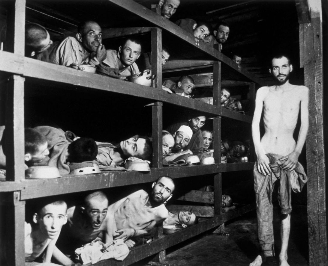 Victims of the Buchenwald concentration camp liberated by American troops on April 16, 1945. Among them is Elie Wiesel (seventh from left on the middle bunk next to the vertical post), who went on to become an internationally famous writer, academic and winner of the Nobel Peace Prize.