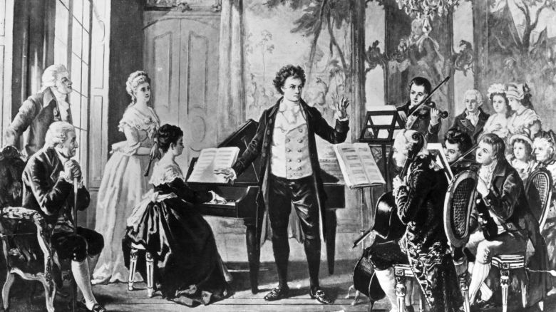 German composer Ludwig van Beethoven (1770 - 1827) conducting one of his three 'Rasumowsky' string quartets, circa 1810. Drawn by the artist Borckmann.   (Photo by Rischgitz/Getty Images)
