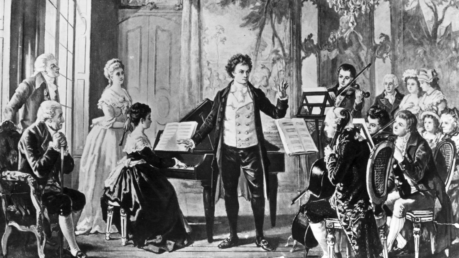 German composer Ludwig van Beethoven is shown in an illustration conducting one of his three Razumovsky string quartets, circa 1810.