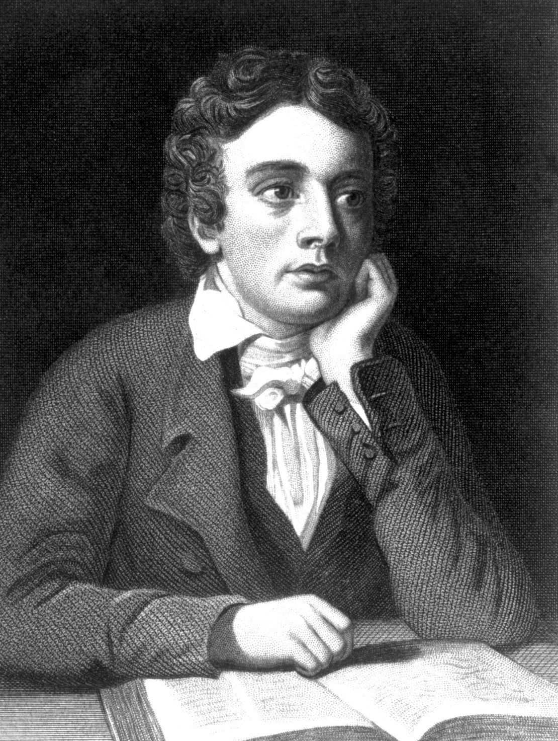 An illustration of English poet John Keats (1795 - 1821) reading a book.