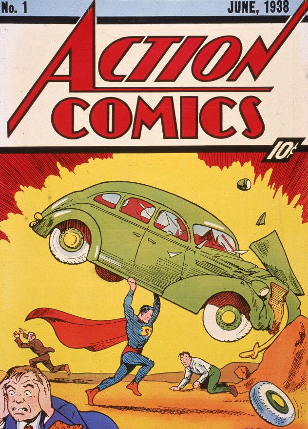 The comic book Action Comics No. 1, published in June 1938,  featured the first appearance of the character Superman (here lifting a car).