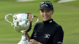 WEST PALM BEACH, FL - NOVEMBER 22:  Annika Sorenstam of Stockholm, Sweden  holds the "Player Of The Year" trophy during the third round of the ADT Championship on November 22, 2003 at the Trump International Golf Club in West Palm Beach, Florida.  (Photo by Andy Lyons/Getty Images)
