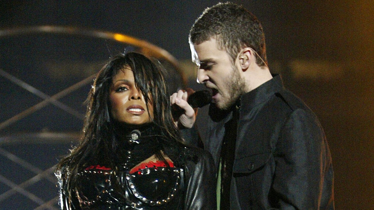 Janet Jackson and Justin Timberlake perform during the halftime show at Super Bowl XXXVIII between the New England Patriots and the Carolina Panthers at Reliant Stadium on February 1, 2004 in Houston, Texas.