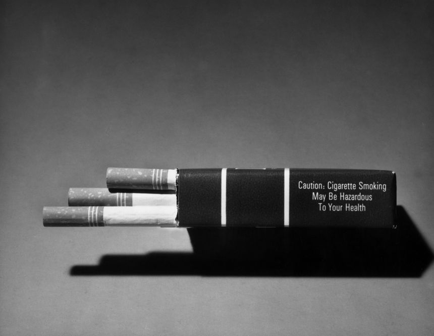 A pack of cigarettes with a health hazard label, pictured in 1966.