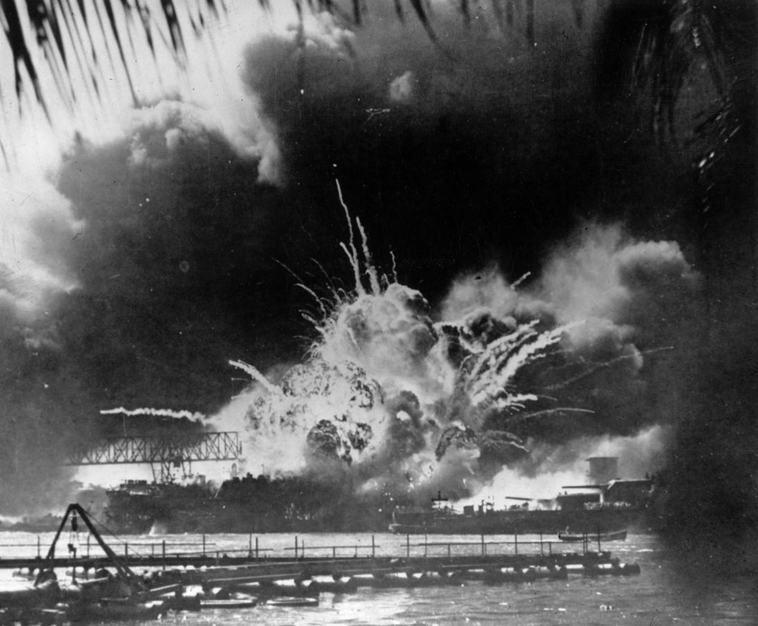 The USS Shaw explodes during the devastating Japanese attack on Hawaii's Pearl Harbor on December 7, 1941.
