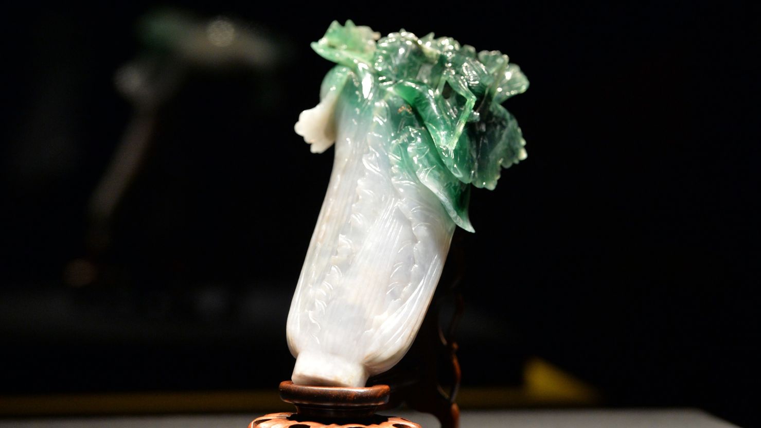 The famous Jadeite Cabbage, which is owned by Taiwan's National Palace Museum, pictured on display in Tokyo, Japan, in 2014.