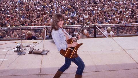 OAKLAND - JULY 23:  Guitarist Rick Derringer of the rock and roll group "Derringer" performs onstage with his B.C. Rich Mockingbird Koa guitar for a crowd of 80,000 people at the "Day On The Green" concert series at the Oakland Coliseum on July 23 1977 in Oakland, California. (Photo by Gregg Cobarr/Michael Ochs Archives/Getty Images) 