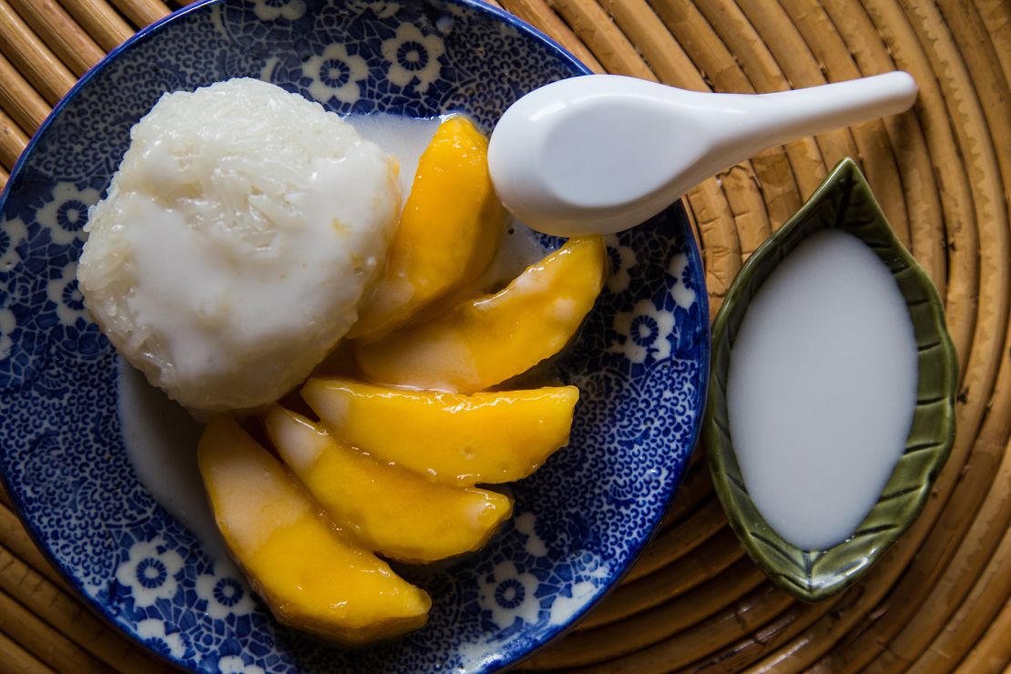 The beloved Thai classic: mango with sticky rice and coconut cream.