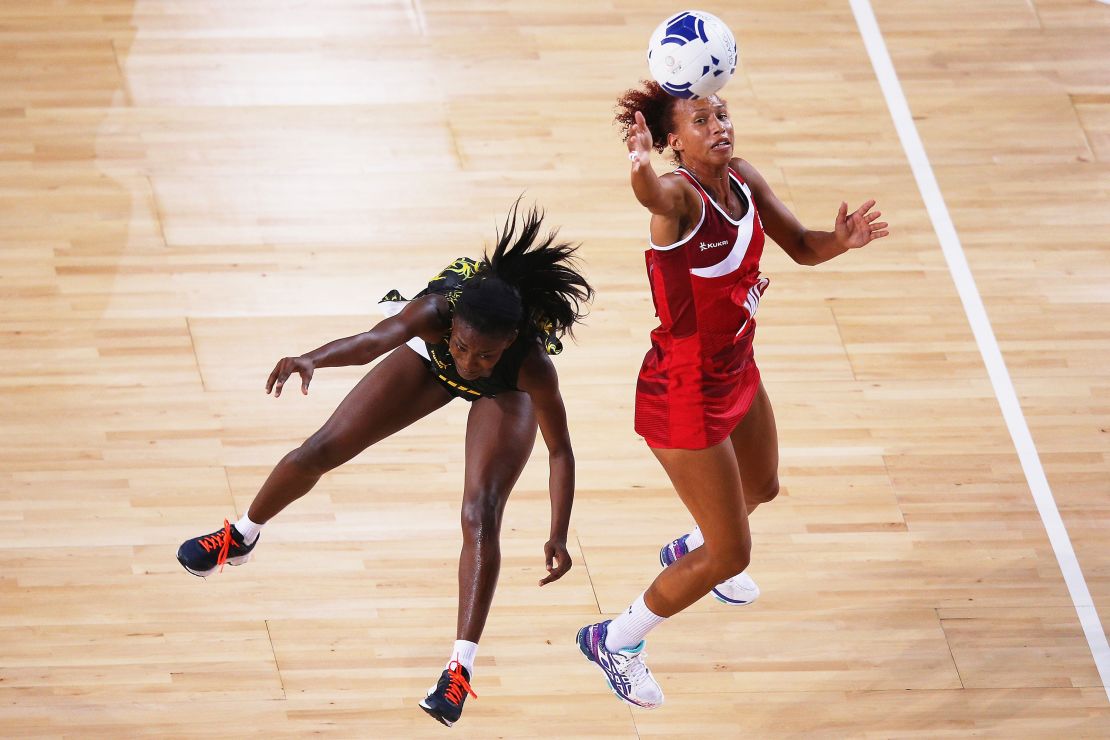 Serena Guthrie of England and Khadijah Williams of Jamaica battle for the ball during the Netball Bronze Medal Match between England and Jamaica at SECC Precinct during day eleven of the Glasgow 2014 Commonwealth Games on August 3, 2014 in Glasgow, United Kingdom.