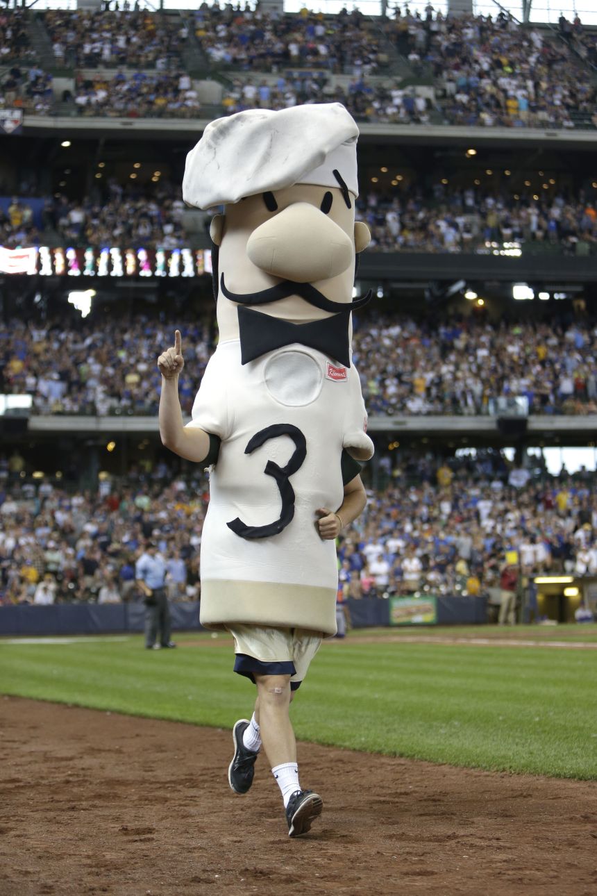 The Italian Sausage races at a Brewers game in 2014.